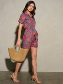 WOMEN'S SHORT SLEEVE SELF TIE PAISLEY BUTTON UP ROMPER