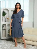 WOMEN'S SHORT SLEEVE V-NECK MIDI DRESS