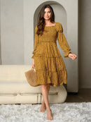 WOMEN'S LONG PUFF SLEEVE SMOCKING TIERED MIDI DRESS