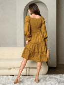 WOMEN'S LONG PUFF SLEEVE SMOCKING TIERED MIDI DRESS