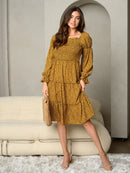 WOMEN'S LONG PUFF SLEEVE SMOCKING TIERED MIDI DRESS