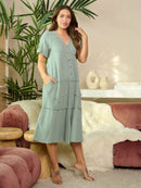 WOMEN'S SHORT SLEEVE V-NECK TIERED POCKETS MIDI DRESS