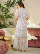 WOMEN'S SHORT SLEEVE V-NECK TIERED FLORAL MAXI DRESS