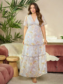 WOMEN'S SHORT SLEEVE V-NECK TIERED FLORAL MAXI DRESS