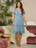 WOMEN'S SHORT SLEEVE V-NECK TIERED LACE MIDI DRESS