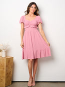 WOMEN'S SHORT SLEEVE POCKETS V-NECK RUFFLE SMOCK MIDI DRESS