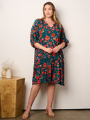 PLUS SIZE 3/4 SLEEVE V-NECK TUNIC FLORAL MIDI DRESS