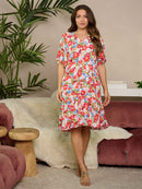 WOMEN'S SHORT SLEEVE V-NECK POCKETS FLORAL MIDI DRESS