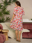 WOMEN'S SHORT SLEEVE V-NECK POCKETS FLORAL MIDI DRESS
