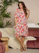 WOMEN'S SHORT SLEEVE V-NECK POCKETS FLORAL MIDI DRESS
