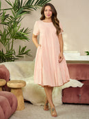 WOMEN'S SHORT SLEEVE TIERED POCKETS MIDI DRESS