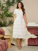 WOMEN'S SHORT SLEEVE RUFFLE TIERED MIDI DRESS
