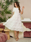 WOMEN'S SHORT SLEEVE RUFFLE TIERED MIDI DRESS