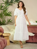 WOMEN'S SHORT SLEEVE V-NECK SWISS DOT DETAILED MAXI DRESS