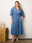 PLUS SIZE SHORT PUFF SLEEVE V-NECK SWISS DOT DETAILED MAXI DRESS