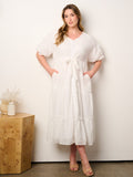 PLUS SIZE SHORT PUFF SLEEVE V-NECK SWISS DOT DETAILED MAXI DRESS