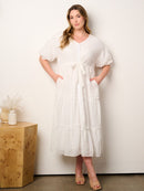 PLUS SIZE SHORT PUFF SLEEVE V-NECK SWISS DOT DETAILED MAXI DRESS