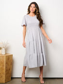 WOMEN'S SHORT SLEEVE POCKETS SMOCK TIERED MIDI DRESS
