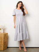 WOMEN'S SHORT SLEEVE POCKETS SMOCK TIERED MIDI DRESS