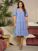 WOMEN'S SHORT SLEEVE TIERED V-NECK MIDI DRESS