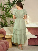 WOMEN'S SHORT SLEEVE SQUARE NECK TIERED POCKETS MAXI DRESS