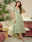 WOMEN'S SHORT SLEEVE SQUARE NECK TIERED POCKETS MAXI DRESS