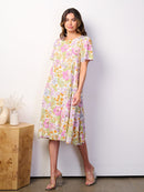 WOMEN'S SHORT SLEEVE TUNIC FLORAL MIDI DRESS