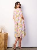 WOMEN'S SHORT SLEEVE TUNIC FLORAL MIDI DRESS