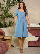 WOMEN'S SHORT SLEEVE SQUARE NECK POCKETS DENIM MIDI DRESS