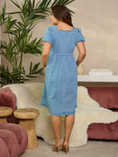 WOMEN'S SHORT SLEEVE SQUARE NECK POCKETS DENIM MIDI DRESS