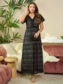 WOMEN'S SHORT SLEEVE V-NECK LACE MAXI DRESS