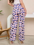 WOMEN'S BUTTON CLOSURE WIDE LEG FLORAL DENIM PANTS