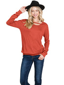 WOMEN'S LONG SLEEVE DETAILED SOLID TOP