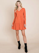 WOMEN'S LONG SLEEVE V-NECK BUTTON UP TIERED MINI DRESS