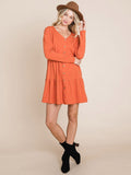 WOMEN'S LONG SLEEVE V-NECK BUTTON UP TIERED MINI DRESS
