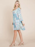 WOMEN'S 3/4 SLEEVE V-NECK LOOSE FIT MULTI PRINT TUNIC MINI DRESS