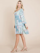 WOMEN'S 3/4 SLEEVE V-NECK LOOSE FIT MULTI PRINT TUNIC MINI DRESS