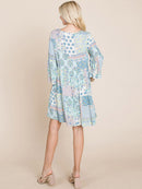 WOMEN'S 3/4 SLEEVE V-NECK LOOSE FIT MULTI PRINT TUNIC MINI DRESS