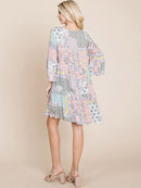 WOMEN'S 3/4 SLEEVE V-NECK LOOSE FIT MULTI PRINT TUNIC MINI DRESS