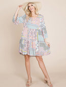 WOMEN'S 3/4 SLEEVE V-NECK LOOSE FIT MULTI PRINT TUNIC MINI DRESS
