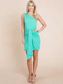 WOMEN'S SLEEVELESS ONE SHOULDER FRONT TIE BODYCON MINI DRESS