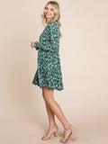 WOMEN'S 3/4 SLEEVE V-NECK FRONT POCKETS LOOSE FIT TIERED TUNIC FLORAL MINI DRESS