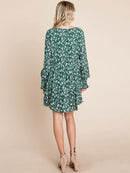 WOMEN'S 3/4 SLEEVE V-NECK FRONT POCKETS LOOSE FIT TIERED TUNIC FLORAL MINI DRESS