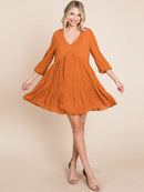 WOMEN'S 3/4 SLEEVE V-NECK FRONT POCKETS LOOSE FIT TIERED TUNIC FLORAL MINI DRESS