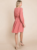 WOMEN'S LONG SLEEVE V-NECK FIT & FLARE TIERED MIDI DRESS