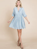 WOMEN'S SHORT SLEEVE V-NECK SURPLICE LOOSE FIT TIERED TUNIC MINI DRESS