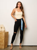 WOMEN'S BUTTON CLOSURE STRETCH DISTRESS DENIM SKINNY JEANS