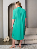 PLUS SIZE LONG SLEEVE POCKETS BUTTON UP TUNIC MIDI DRESS