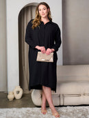 PLUS SIZE LONG SLEEVE POCKETS BUTTON UP TUNIC MIDI DRESS