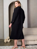 PLUS SIZE LONG SLEEVE POCKETS BUTTON UP TUNIC MIDI DRESS